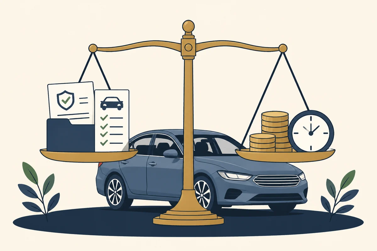 A repaired sedan balanced against claim evidence, time, and potential recovery